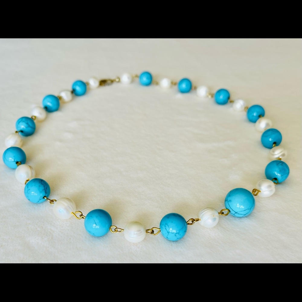 Turquoise and Mediterranean sea pearls necklace